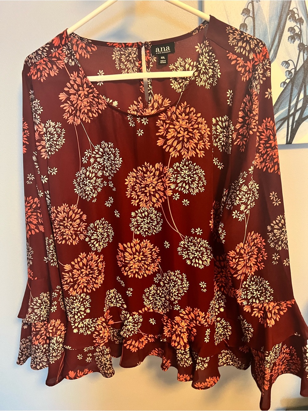 a.n.a Burgundy Floral Ruffle-Hem Blouse
